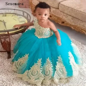 

Lovely Toddler Birthday Party Gowns Gold Lace Appliques Bow Back One Shoulder Custom Made Kids Pageant Gowns Puffy Sleeveless