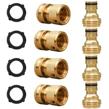 

4 Pack Garden Hose Quick Connectors Solid Brass 3/4 Inch GHT Thread Easy Connect Fittings No-Leak Water Hose Male Female