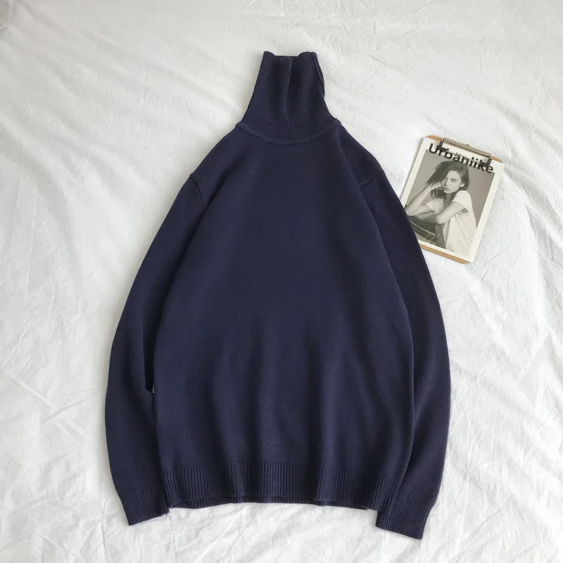 Зимний свитер с высоким воротником мужской модный однотонный Повседневный вязаный пуловер Мужской уличная Свободный теплый свитер Мужская одежда - Цвет: dark blue