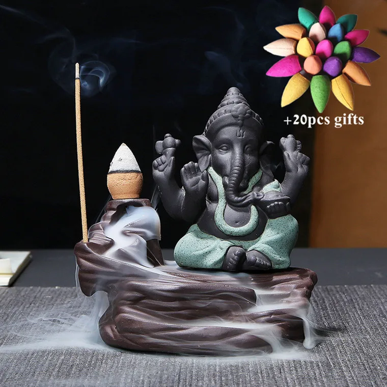 Керамический Бог слон Ganesha курильница для благовоний горелка Индия водопад курильница подставка для ароматических палочек домашний декор+ 20 шт Бесплатные конусы - Цвет: Green-B