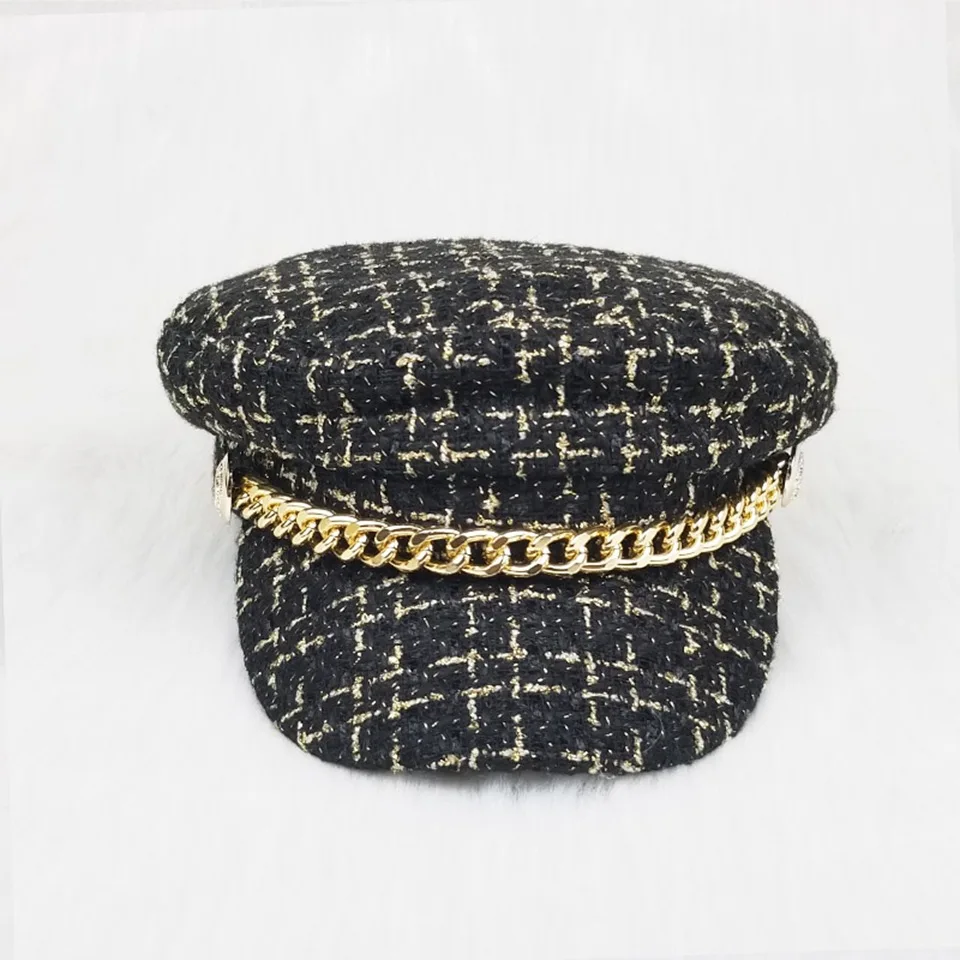 Fashion Lace cotton hat cap women casual streetwear rope flat cap elegant solid autumn winter warm Metal chainberet hat female