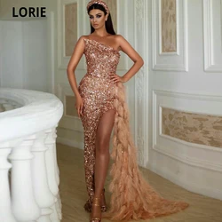 LORIE Unique Sequins Shinee Evening Dresses Mermaid Long with Feathers High Split Formal Prom Dresses 2020 Plus Size Special