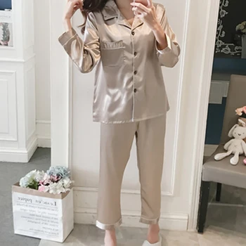 

Women Pajama Sets Silk Satin Pijama Turn-down Collar Sleepwear Long Sleeve Pajamas Nightwear Femme Homewear Pajamas Robe Sets
