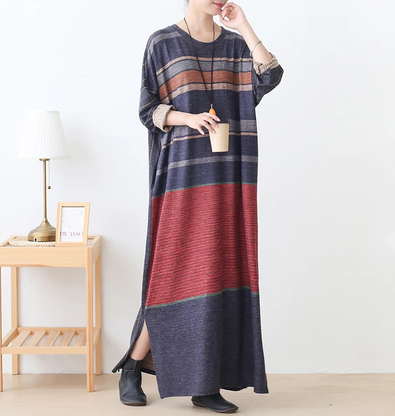 New Autumn Maxi Dresses for Women Casual Loose Long Sleeve Dress Women Knitting Striped Rabbit Hair Printed Robe Winter Vestidos