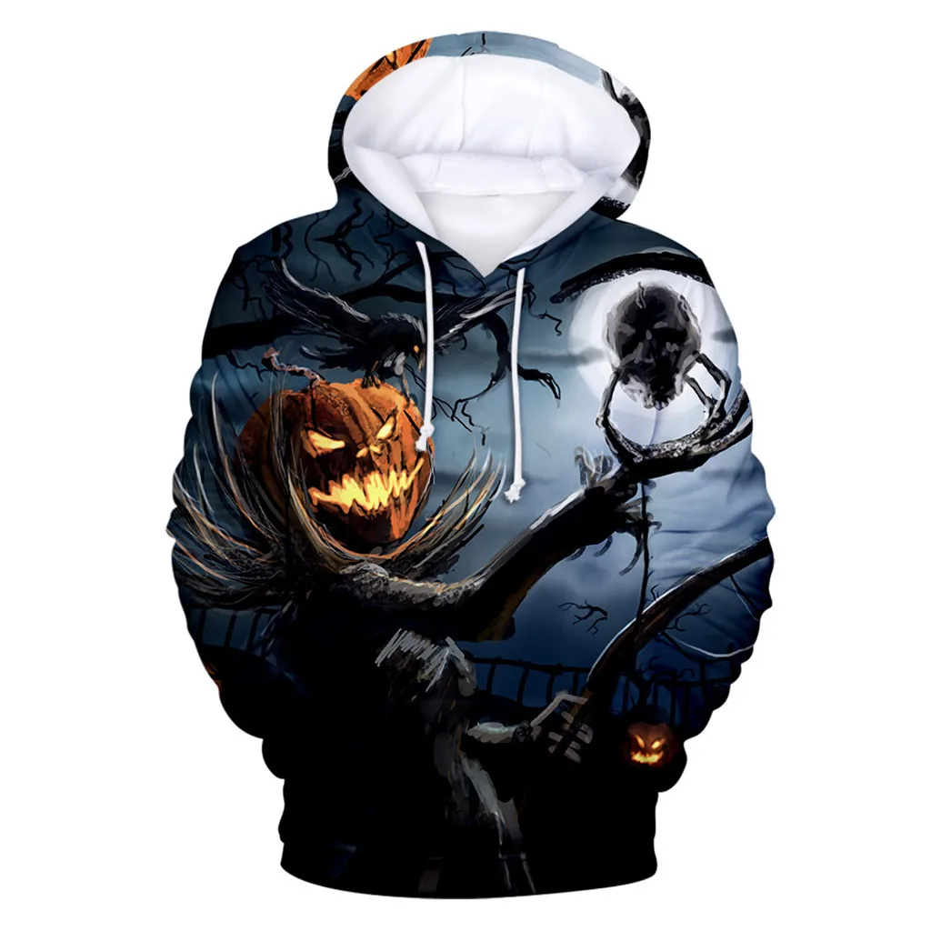Togethor Mens Pullover Hoodie Sweater 3D Print Halloween Costume Hip Hop Pocket Streetwear Casual Scary Top Blouse 