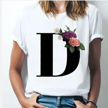 

26 Alphabet Vogue Letter Women T-shirt Female Harajuku A To Z Alphabet Combination Flowers Short Sleeve Casual Korean Style Tops