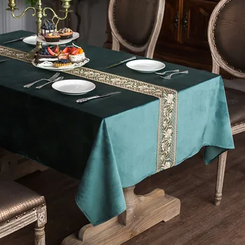 

Soft Lace Embroidery Velvet Tablecloth Green for Party Kitchen Rectangular Table Cover Dining Square Luxury Solid Coffee Tea