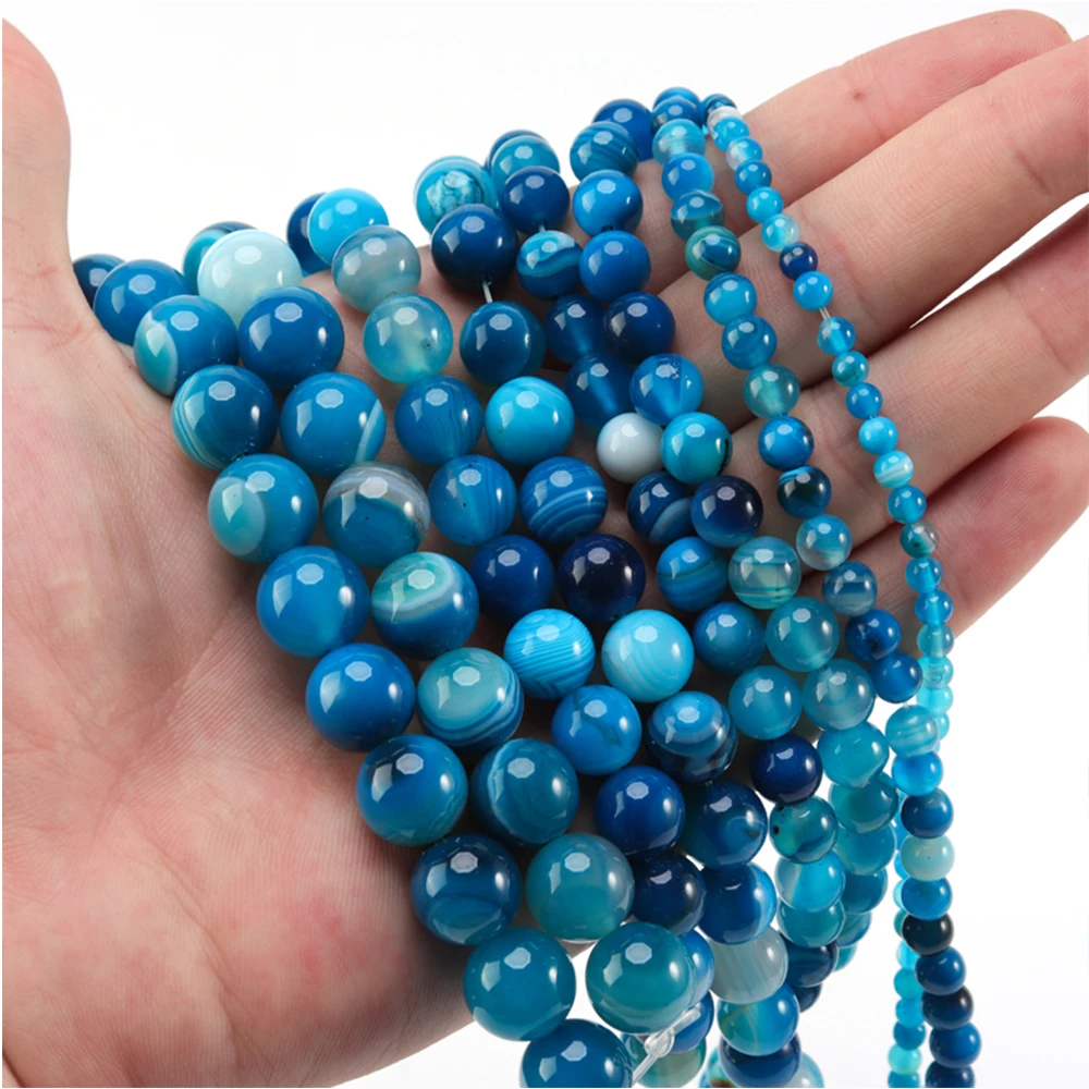 

Wholesale Natural Stone Peacock Blue Zircon Stripe Crystal Agate Round Loose Beads 4 6 8 10 12mm Pick Size For Jewelry Making