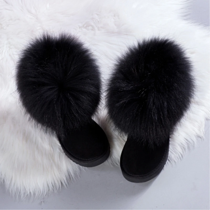 Новинка; модные женские ботинки; черные зимние ботинки с натуральным лисьим мехом; водонепроницаемые ботильоны из натуральной коровьей кожи; женские зимние ботинки; обувь - Цвет: Black