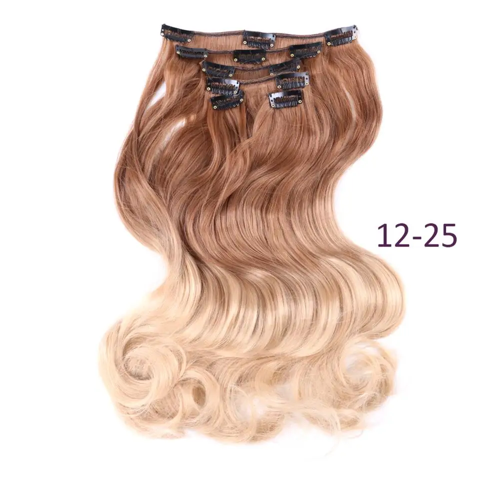 12 Clips In Hair Extension Body Wave 22" Hair Extension Clip For Women Synthetic Hair Extensions 1B Brown Ombre Color