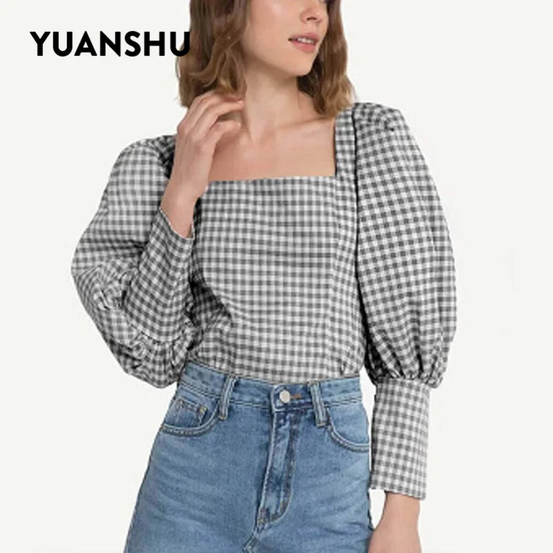 YUANSHU/Осенняя клетчатая рубашка с пышными рукавами для женщин, квадратный воротник, пуловер с длинными рукавами, тонкие топы, элегантные офисные повседневные женские топы