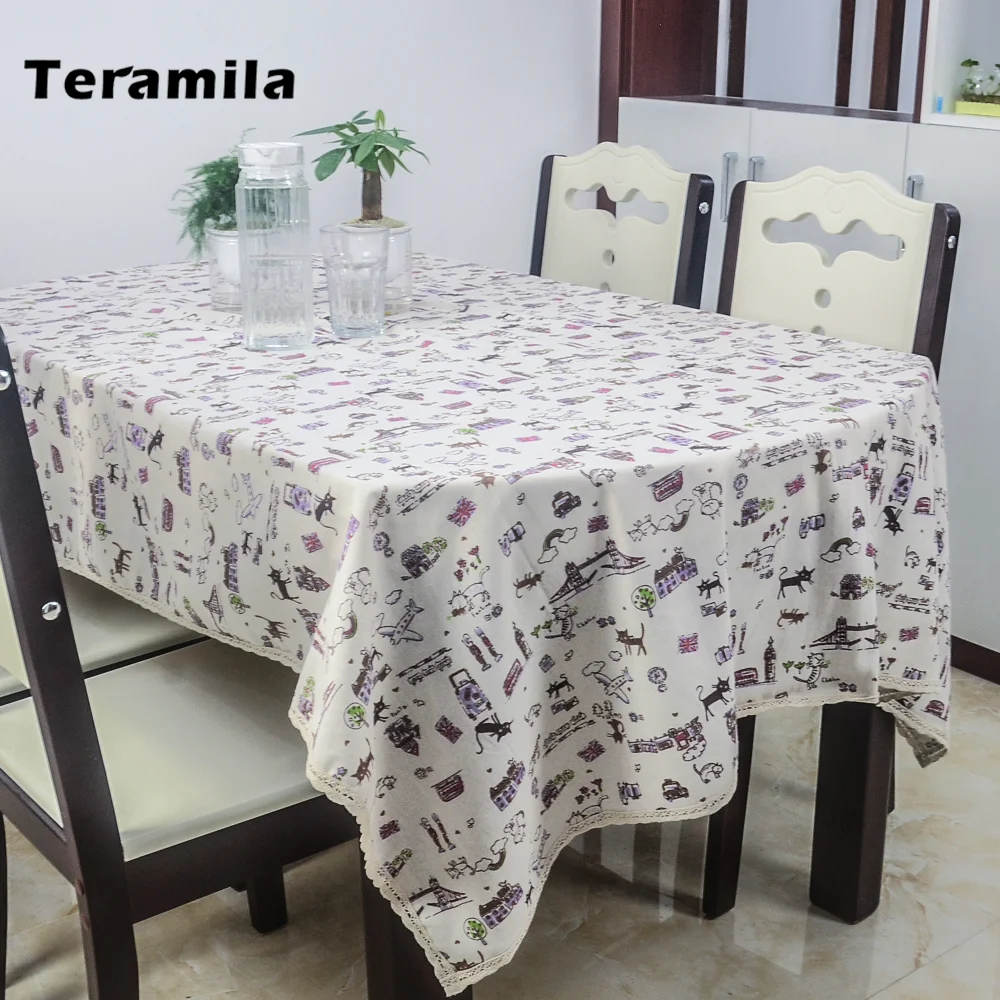 Teramila Thick Linen Tablelcoth With Lace Cats Design Dining Table Clothes For Home Party Kitchen Rectangular Round Table Covers
