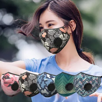 

2020 Fashion Chic Print Face Mask With Filters Washable Reusable Mask With Breathing Valvola Dustproof Windproof Mouth Mask 2PCs
