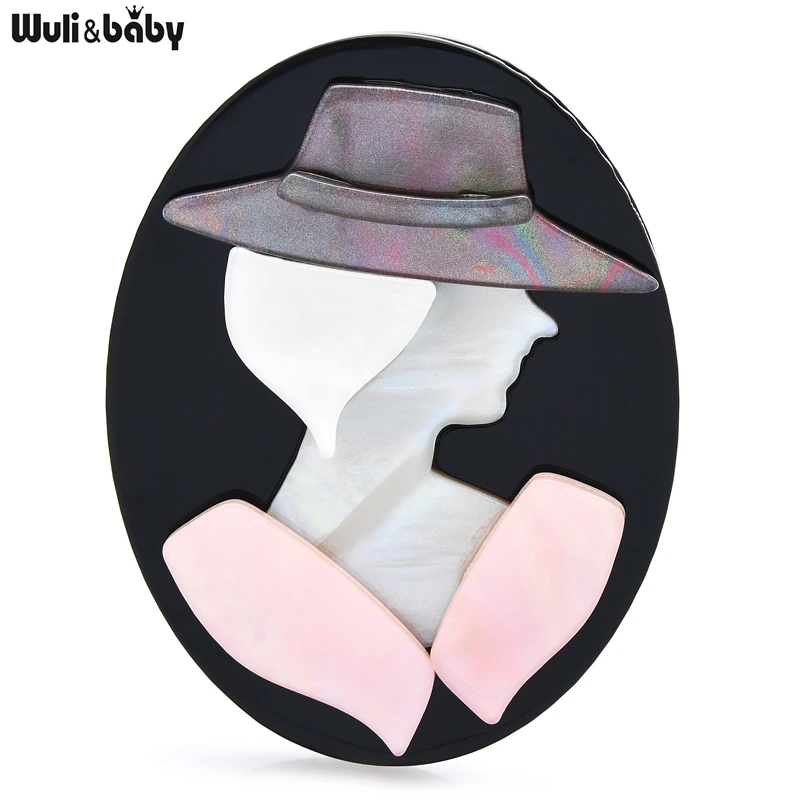 Wuli&baby Acrylic Lady Brooch Girl Figure Head Silver Hair Wearing Hat