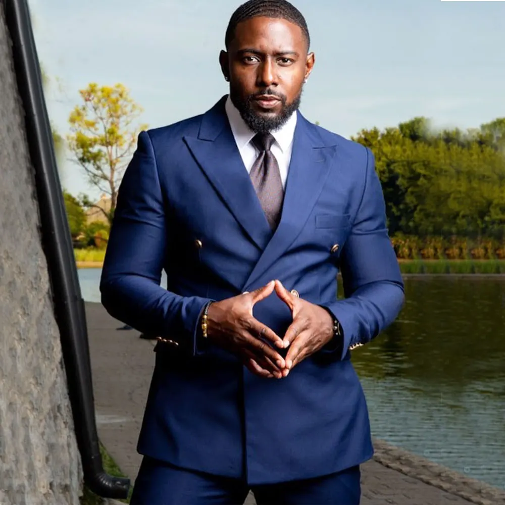 

Мужской темно-синий костюм, свадебные блейзеры с заостренными лацканами, мужские смокинги из двух предметов, двубортные пиджаки с брюками для выпускного вечера