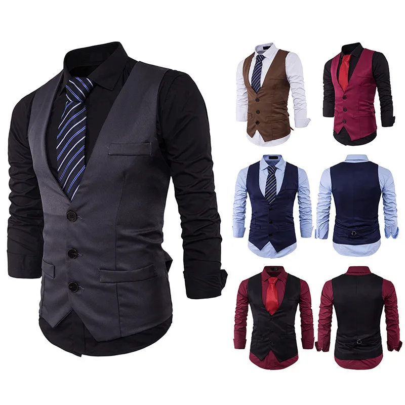 Стиль Мужская мода Slim Fit однорядные три пряжки сплошной цвет джентльмен костюм жилет M16