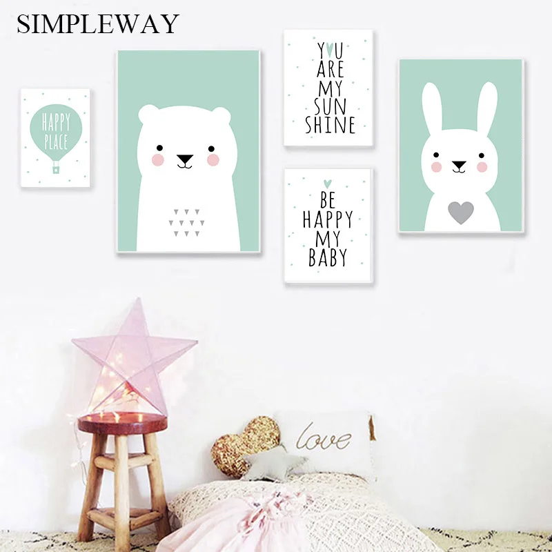 Child Poster Nursery Wall Art Print Cartoon Animal Rabbit Bear Moon Canvas Painting Nordic Kid Baby Room Decoration Picture | Дом и сад