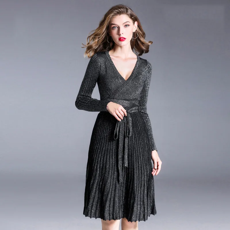 

Autumn Winter Dress Women 2019 Elegant Sexy Warm Knitted Dress Plus size V neck Long Sleeve A-line Midi Dress Black Red vestidos