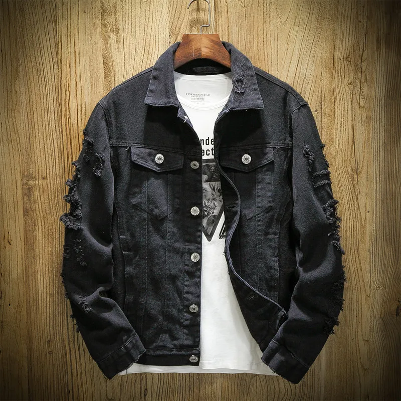 

Large Size 950/P65 Spring Clothing Stocked MEN'S Denim Jacket with Holes Embroidered Jacket Couples Large Size
