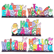Decoraciones de mesa de Pascua de 5 estilos, adornos de madera de Hello Spring, señales de bienvenida, fiesta de Pascua, huevos, conejo para regalo de niños
