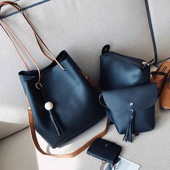 

Hot Sale 4Pcs/ Set Fashion Ladies Tassels Bucket Shoulder Handbag Female Messenger Bags Women Tassel Tote Bag