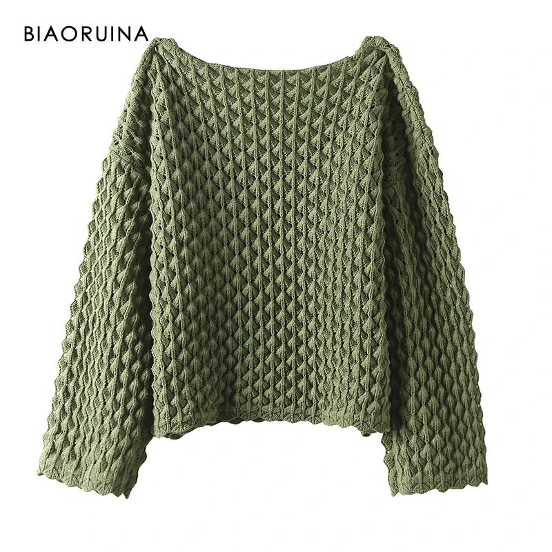 BIAORUINA женский армейский зеленый однотонный Повседневный вязаный свитер с глубоким круглым вырезом женский модный Свободный пуловер один размер