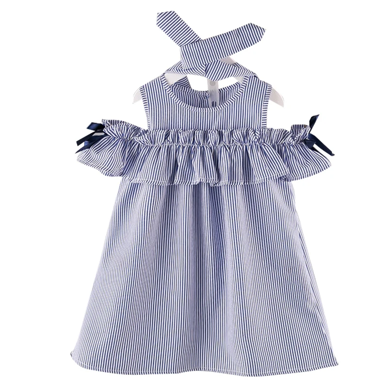 Платье для девочек Новая летняя стильная одежда для детей модная полосатая одежда без рукавов с бантом для маленьких девочек