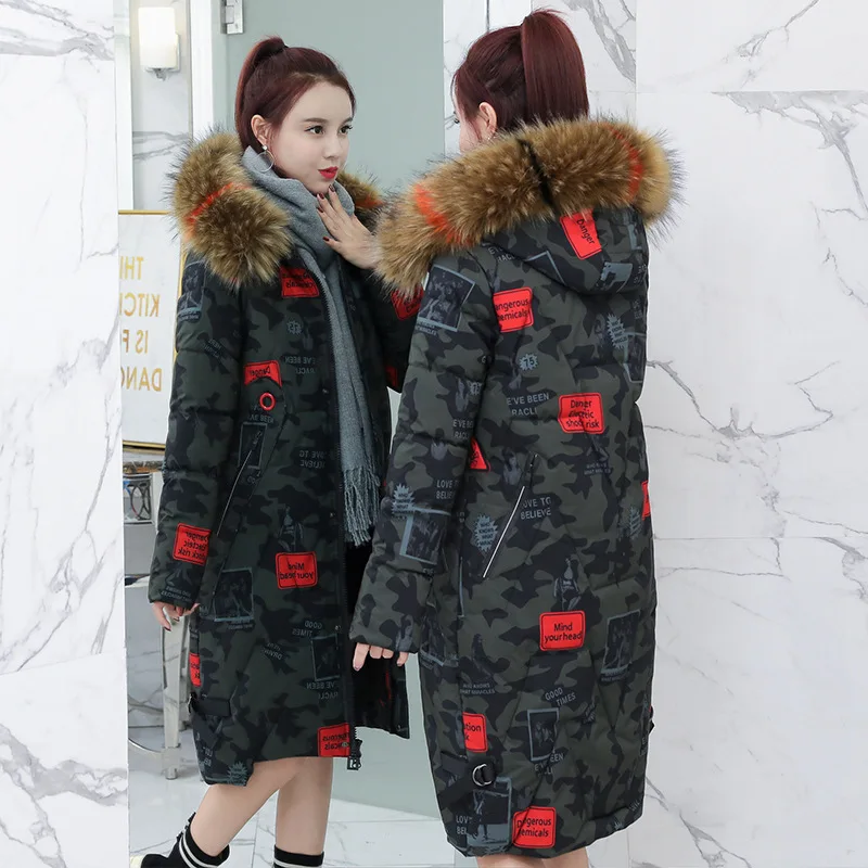 

2019 New Style Cotton-padded Clothes Women's Mid-length Large Fur Collar Korean-style Camouflage Thick Coat Large Size Cotton Co