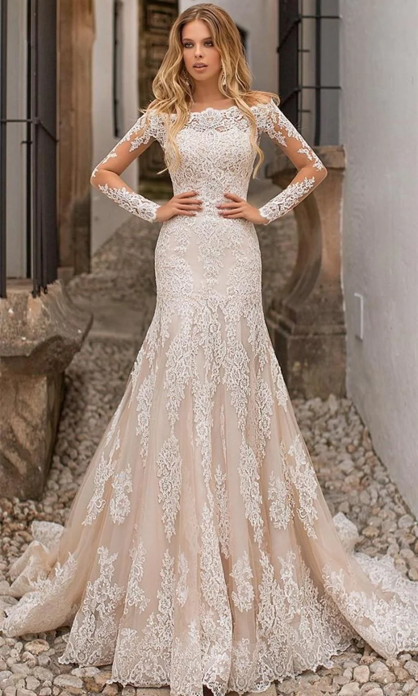 2021 Gowns Champagne Mermaid Wedding Dresses Lace Appliques Sheer Long Sleeves Tulle Bridal