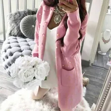 Тонкие длинные кардиганы для женщин с открытым стежком вязаные свитера зимние сексуальные пальто с жемчужинами длинный рукав толстая верхняя одежда флисовые Топы вязаные