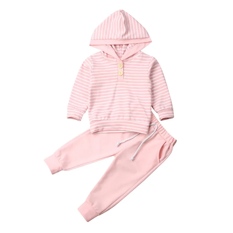 Infant Baby Girls Boys Autumn Winter Hoodies Top Long Pants Trousers Casual Stripe Cotton Outfit Set