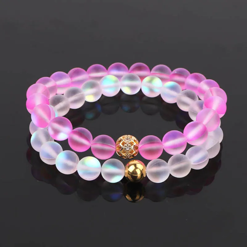 2PCS/SET New Fashion AB Glass Beads Women Jewelry Bracelet Moon Flash Color Beaded Elastic Bracelet Lady