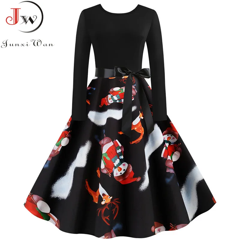 Женское винтажное рождественское платье, элегантное черное с принтом, зимнее повседневное миди с длинным рукавом, Сексуальные вечерние платья, женское платье размера плюс - Цвет: 1364-B015