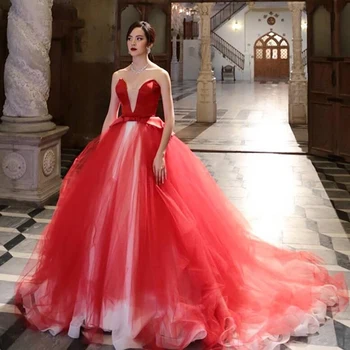 

Verngo Ball Gown Evening Dress Red Tulle Formal Dress Elegant Party Dress Strapless Princess Prom Gown Robe De Soiree