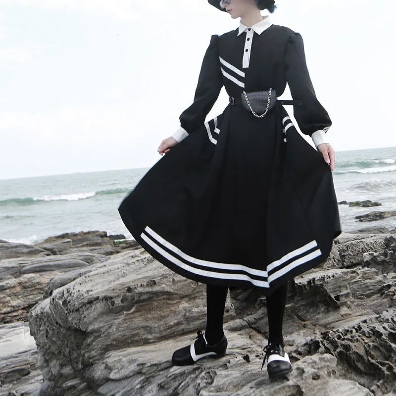[EAM] женское платье в черную полоску, с разрезом, темпераментное, новое, с отворотом, с длинным рукавом-фонариком, свободное, модное, весна-осень 1H071