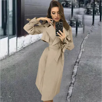 

Autumn Winter Fashion Jacket Women Casual Notched Collar Windbreaker Front Wrap Long Coat Jacket Outwear Wholesale Free Ship Z4