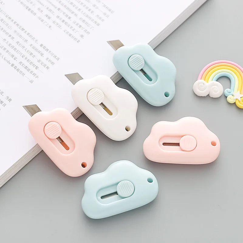 

Kawaii Mini Candy Color Art Knife Cloud Design Paper Box Cutter Utility Knife Cute Pink Rebound Stainless Blade Pocket Knife