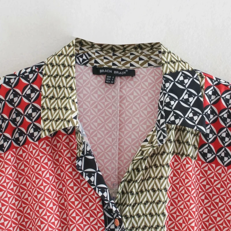Woman Patchwork printing Turndown collar Shirt Dress Vintage Femme Lantern Sleeve Midi Dresses Lady Loose Clothes Vestido D6356