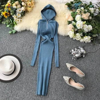 

2019 Winter Women Fashion Slim Hoodie Solid Knitted Dress Ladies Casual Base Zipper Pure Color Pullover Tight Knit Tunic Dress