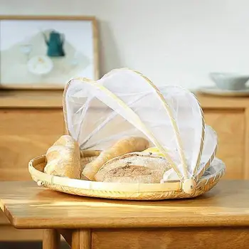 

Bamboo Picnic Food Serving Basket Anti Flies Insect Net Cover Bread Fruit Tray Dustproof basket with net dish cover cocina