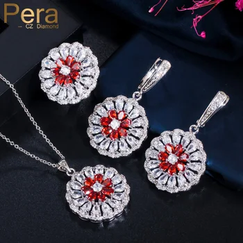 

Pera Retro High Quality Round Hollow Necklace Ring Earrings Ruby Red Crystal Topaz Fashion Jewelry Sets for Women Gift J0081