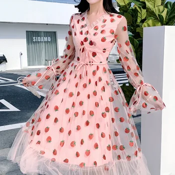 

HAMALIEL New Runway Summer Pink Mesh Long Dress 2020 Fashion Women Strawberry Print Long Sleeve Holiday Sweet Maxi Dress Vestido