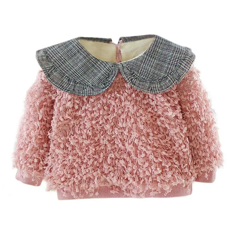 Детский свитер для маленьких девочек; удобная мягкая одежда в клетку с длинными рукавами и рюшами; Корейская флисовая одежда с круглым воротником - Цвет: Pink B