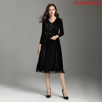 

2020 Spring And Summer New Style Miyake Pleated Velvet WOMEN 'S Dress Delicacy V-neck Slimming Long-sleeved Dress elegant dress