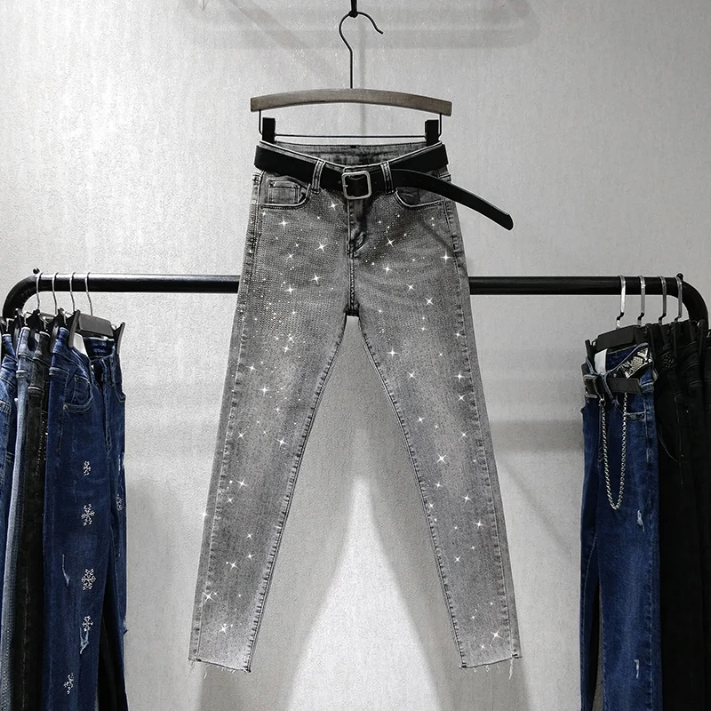 Европейские обтягивающие брюки с высокой талией Новые осенние женские брюки-карандаш с перфорацией джинсы с 9 точками женские уличные серые джинсы