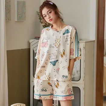 

Simple Sleepwear Pyjamas Women 'S Pajamas Cotton Short Sleeve Ladies Pijama Sets Homewear Cute Cartoon Lounge Wear T -Shits