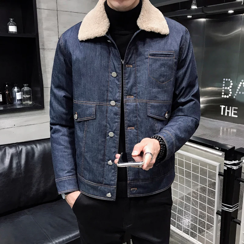 Down Jacket Blue Зимняя мужская Повседневная джинсовая куртка плюс бархатное теплое хлопковое пальто модное пальто джинсы однотонные топ с отворотом - Цвет: Down Jacket Blue