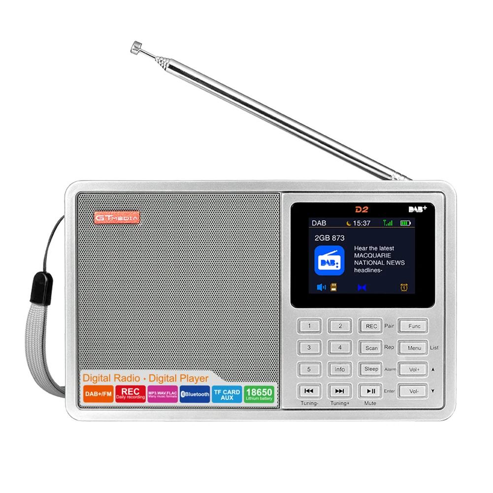 

D2 2.4inch Bluetooth Digital Multi Band Portable Radio Alarm Clock Color Screen Stereo LCD Display Sleep Timer FM DAB