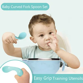 

Baby Curved Fork Spoon Set Easy Grip Heat-resistant Children Feeding Training Utensils Feeding Child Safety Training Spoon Fork