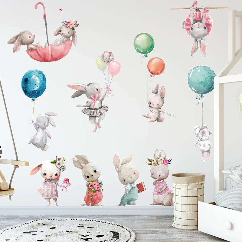 Watercolor Cartoon Bunny Wall Stickers Baby Nursery Wall Decals for Kids Room Living